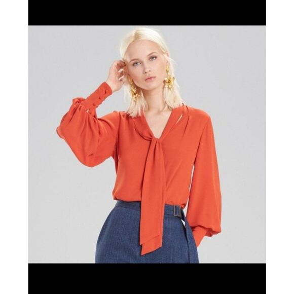 Josie Natori womens tie neck orange long balloon sleeve blouse size Med - Picture 1 of 8